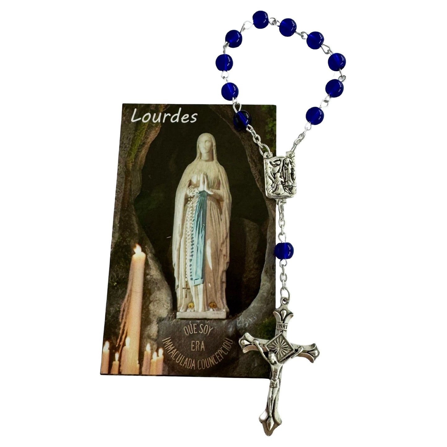 Round Crystal Lourdes Decade Rosary with Holy Card