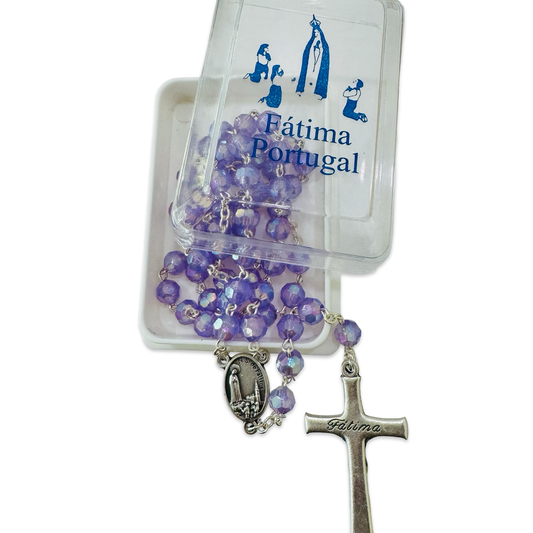 Purple Iridescent Crystal Fatima Rosary with Soil