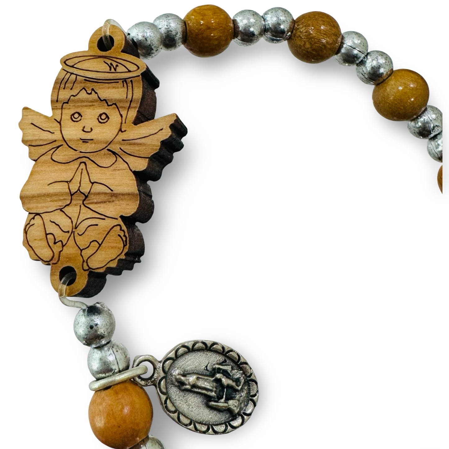 Brown and Silver Beaded Bracelet with Wooden Angel Image