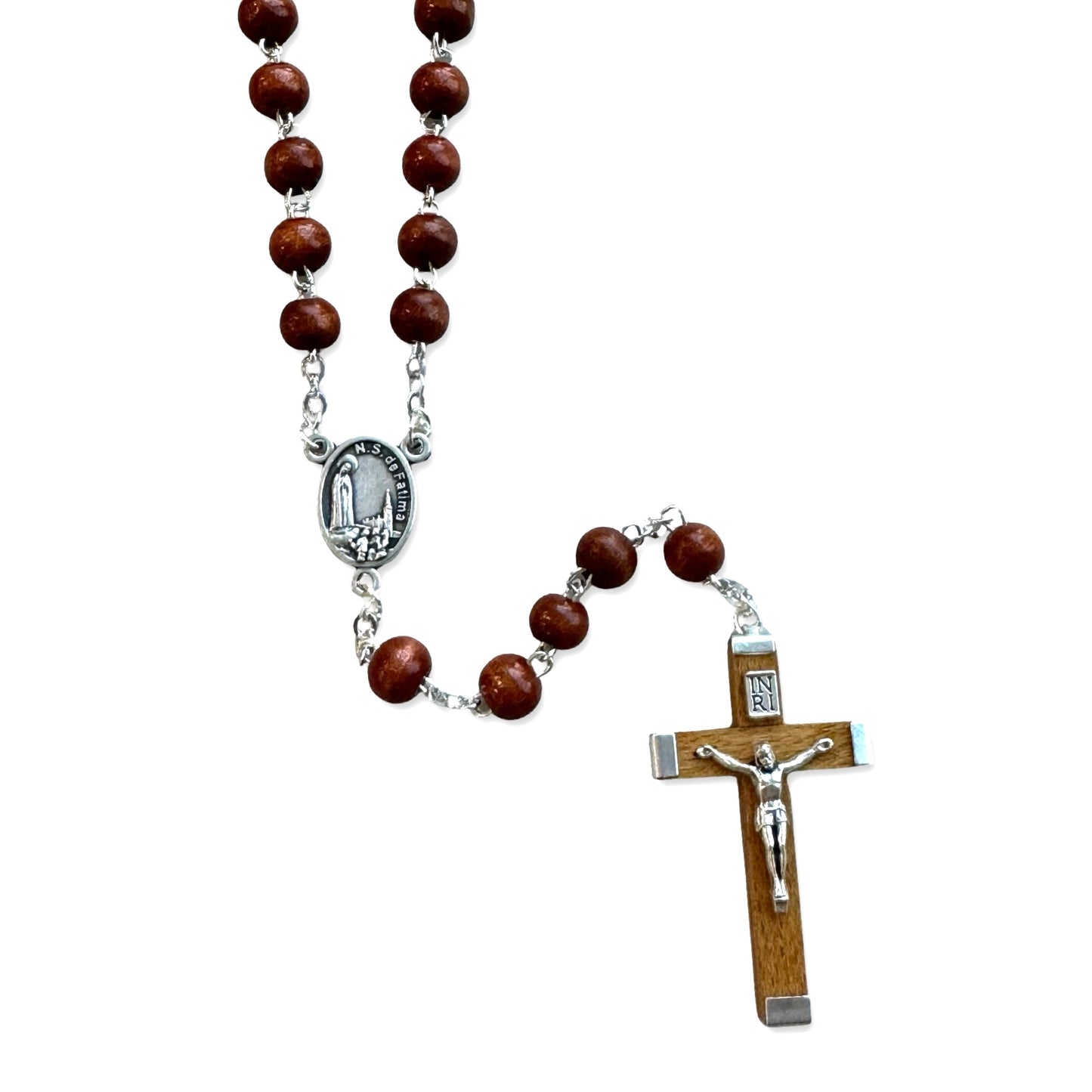 Round Wooden Rosary with Soil from Fatima and Holy Card