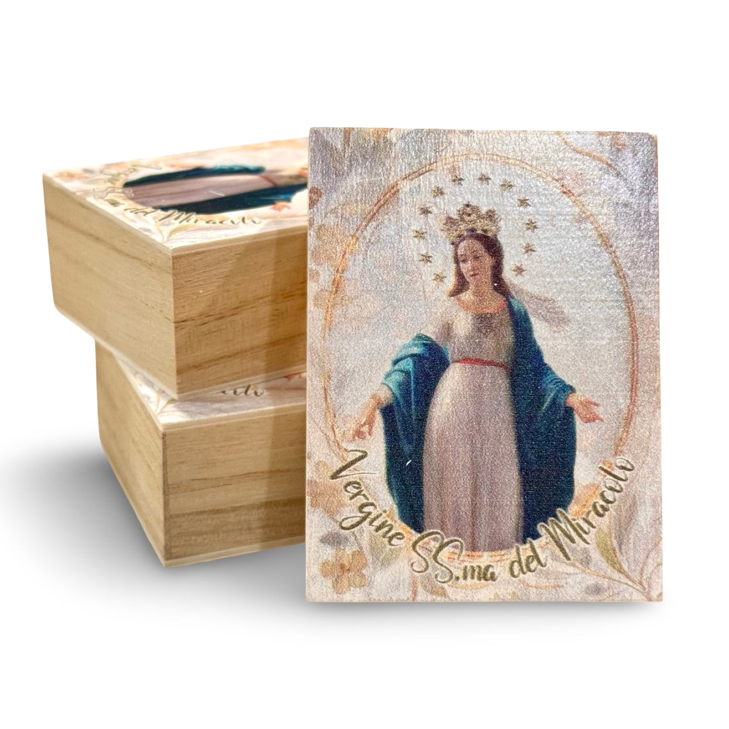 Pine Wood Miraculous Medal Rosary with Pardon Crucifix in a Wood Painted Box