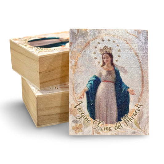 Pine Wood Miraculous Medal Rosary with Pardon Crucifix in a Wood Painted Box