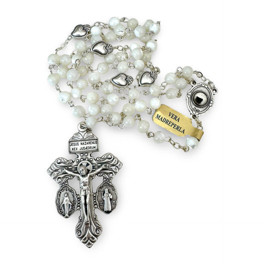 Mother of Pearl Padre Pio Relic Rosary with Pardon Crucifix