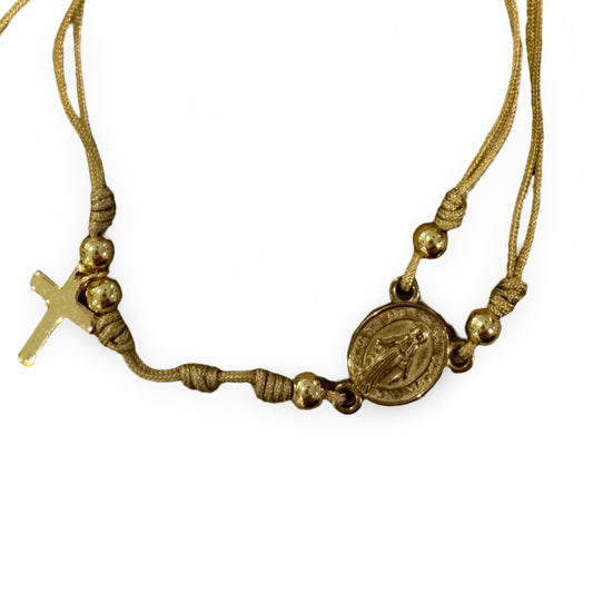 Gold Miraculous Medal and Cross String Bracelet
