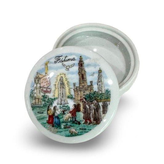 Round Porcelain Fatima Rosary Case