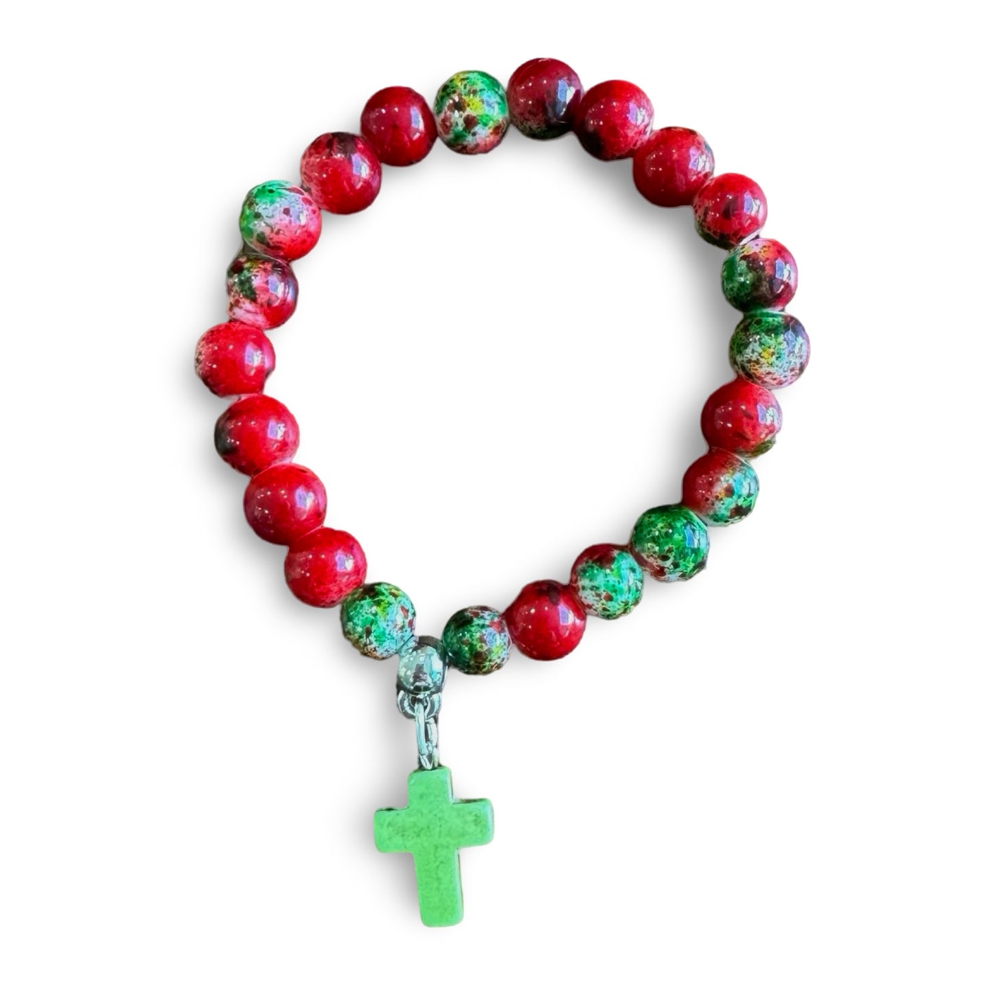 Red and Green Large Beaded Fatima Bracelet with Cross