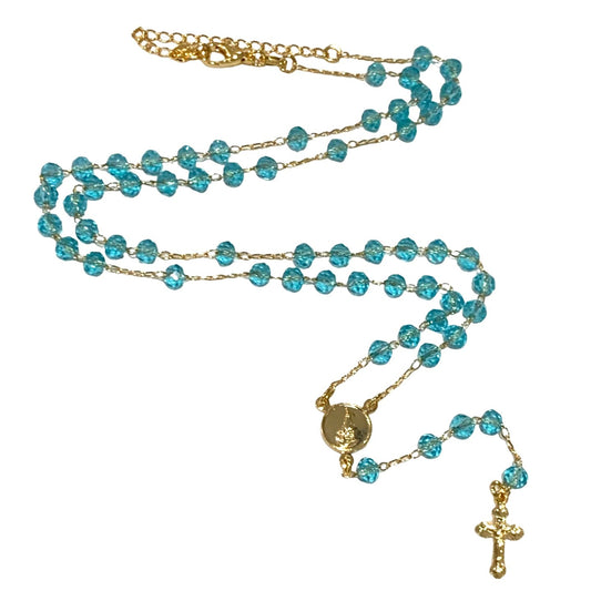 Delicate Gold and Crystal Rosary Necklace of Assorted Colors