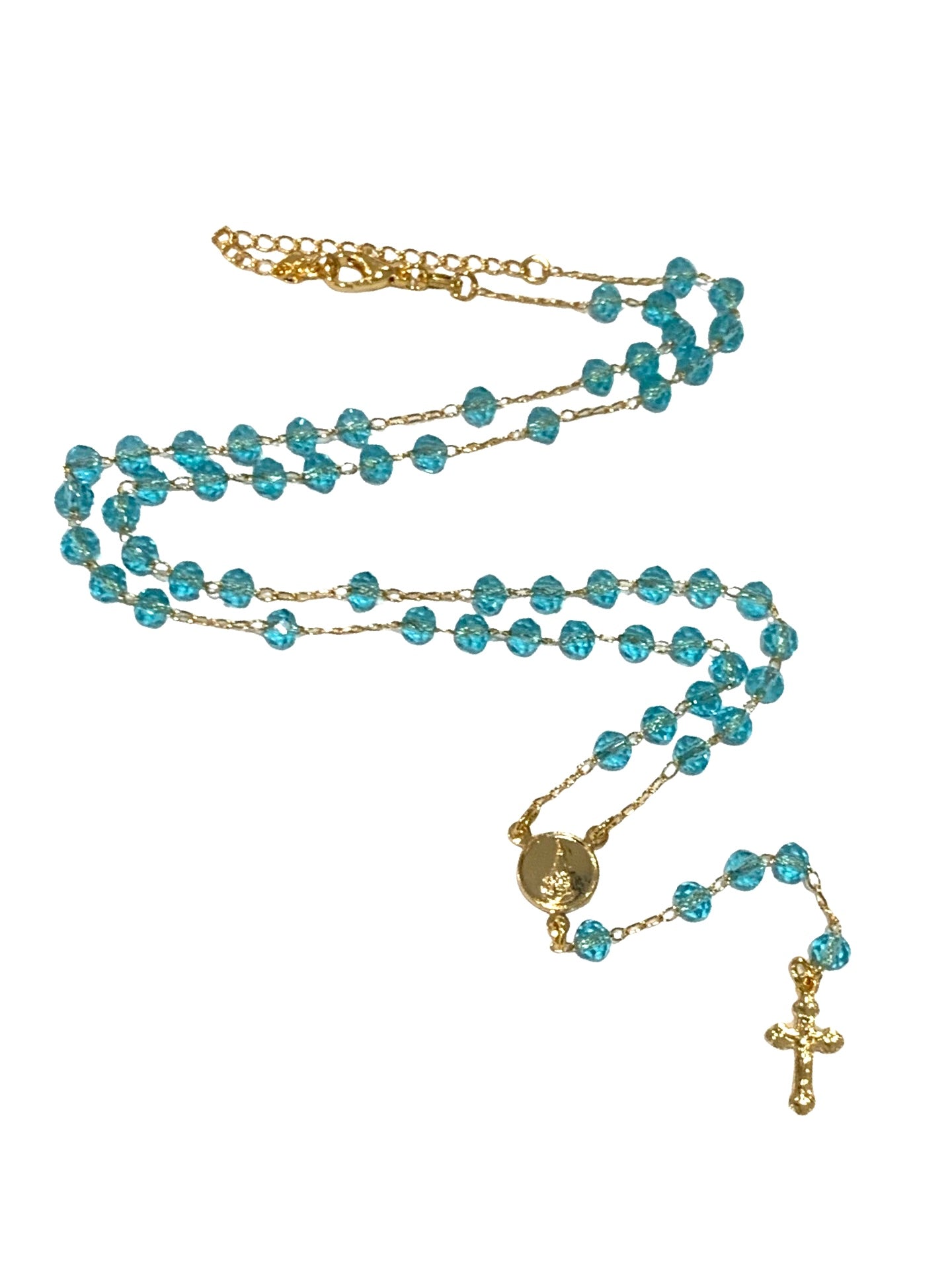Delicate Gold and Crystal Rosary Necklace of Assorted Colors in Framed Display Case