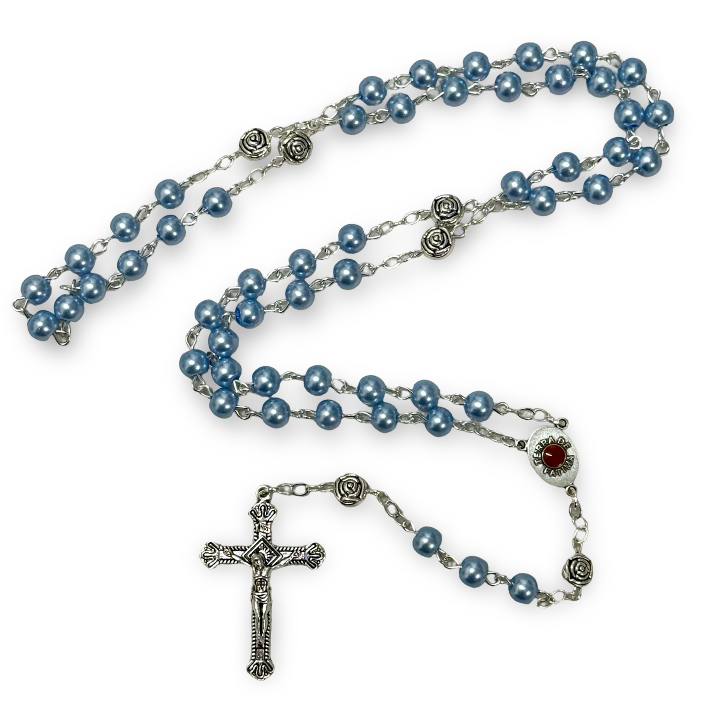 Pearl Fatima Rosary with Soil and Silver Rose Beads in Flower-Shaped Case