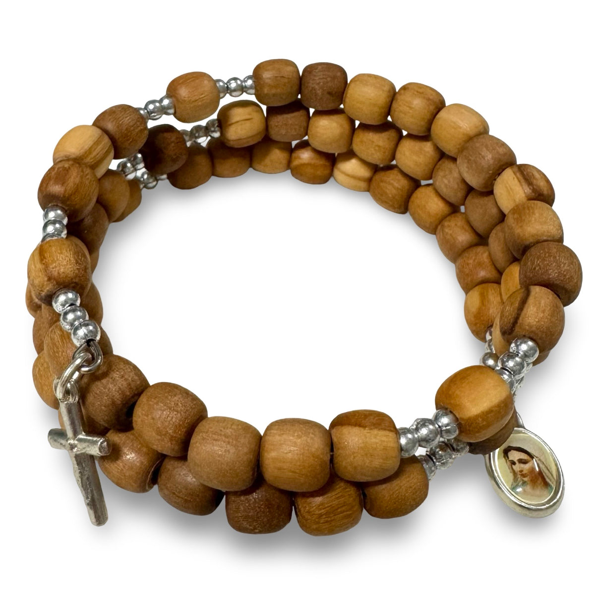 Olive Wood Wrap Queen of Peace Wire Bracelet