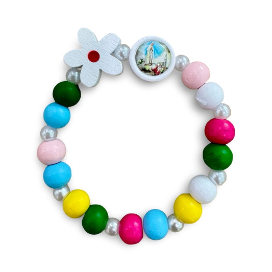 Wooden, Painted Fatima Bracelet with Flower of Assorted Colors