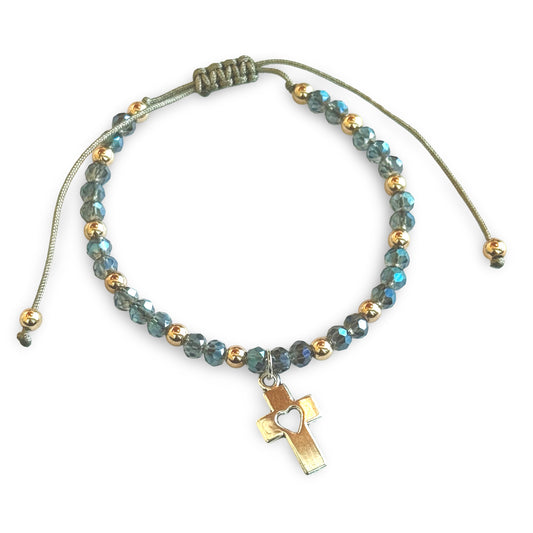 Adjustable String Blue and Copper Beaded Bracelet with Cross Pendant