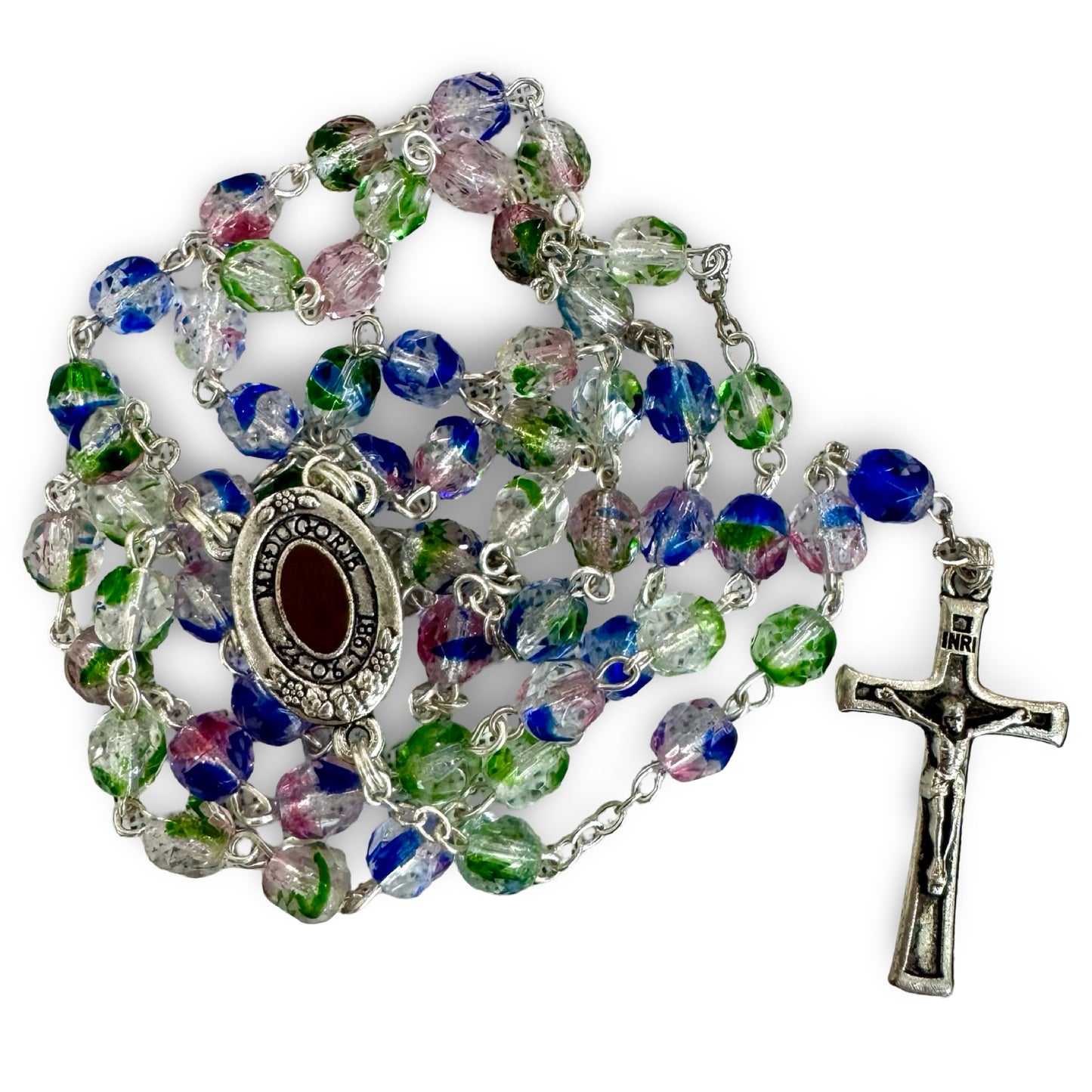 Multicolored Faceted Queen of Peace Rosary with Soil