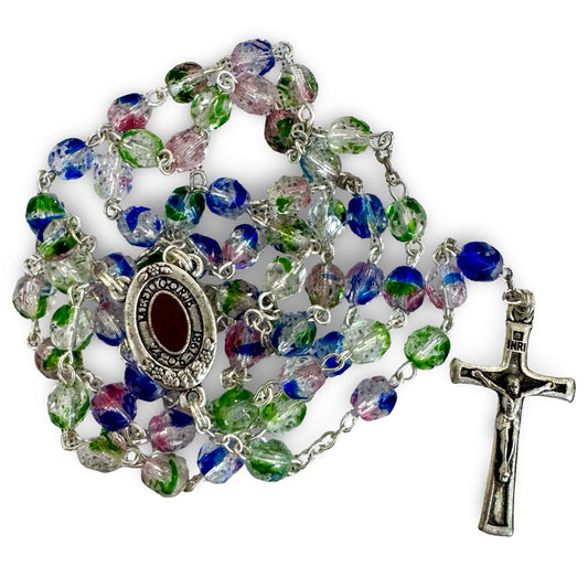 Multicolored Faceted Queen of Peace Rosary with Soil