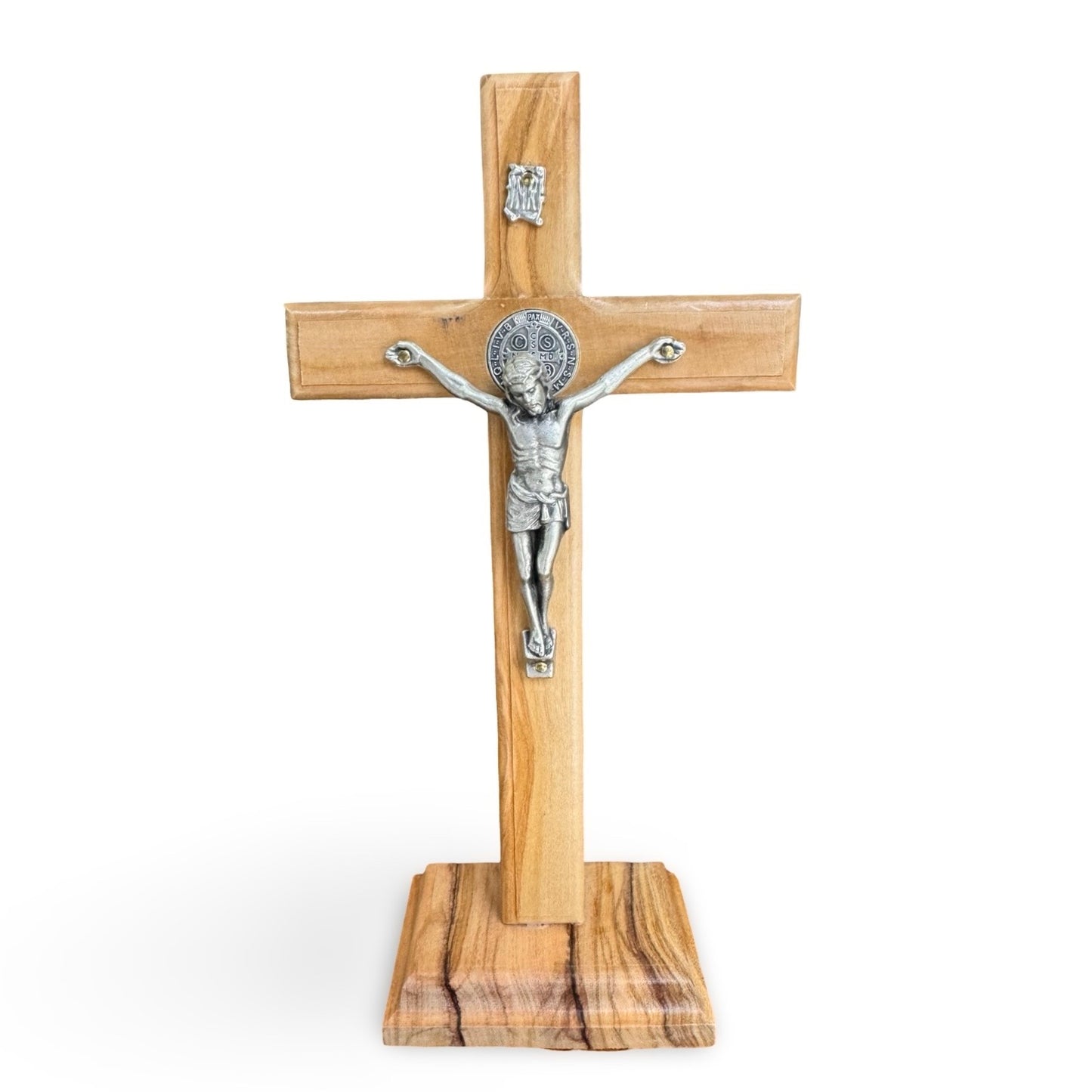 Olive Wood Standing Crucifix with St. Benedict Medal