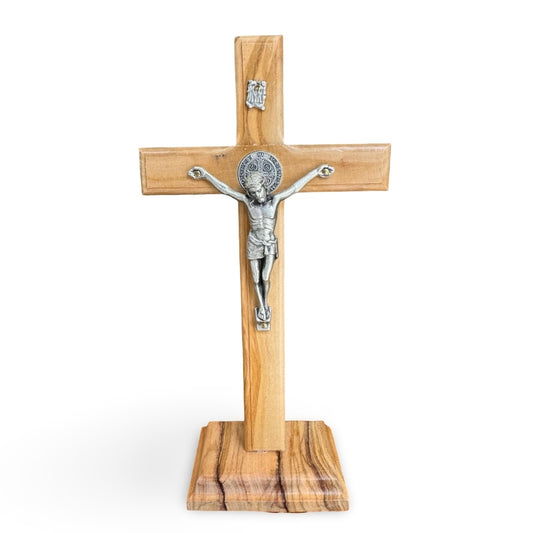 Olive Wood Standing Crucifix with St. Benedict Medal