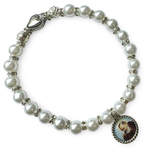 Padre Pio Pearl Bracelet with Rhinestone and Rose Accents