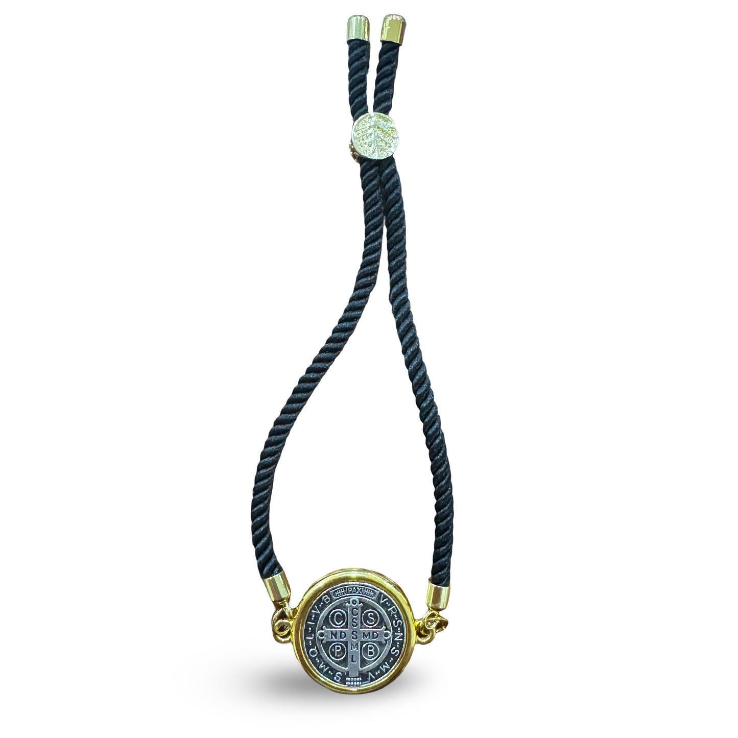 Adjustable Cord Bracelet with St. Benedict Medal and Gold Clasp