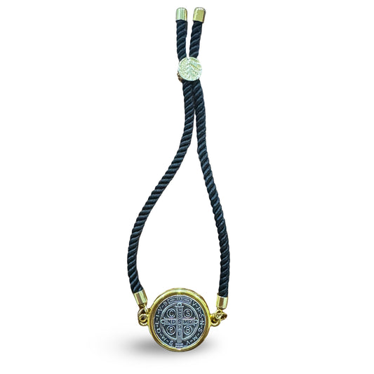 Adjustable Cord Bracelet with St. Benedict Medal and Gold Clasp