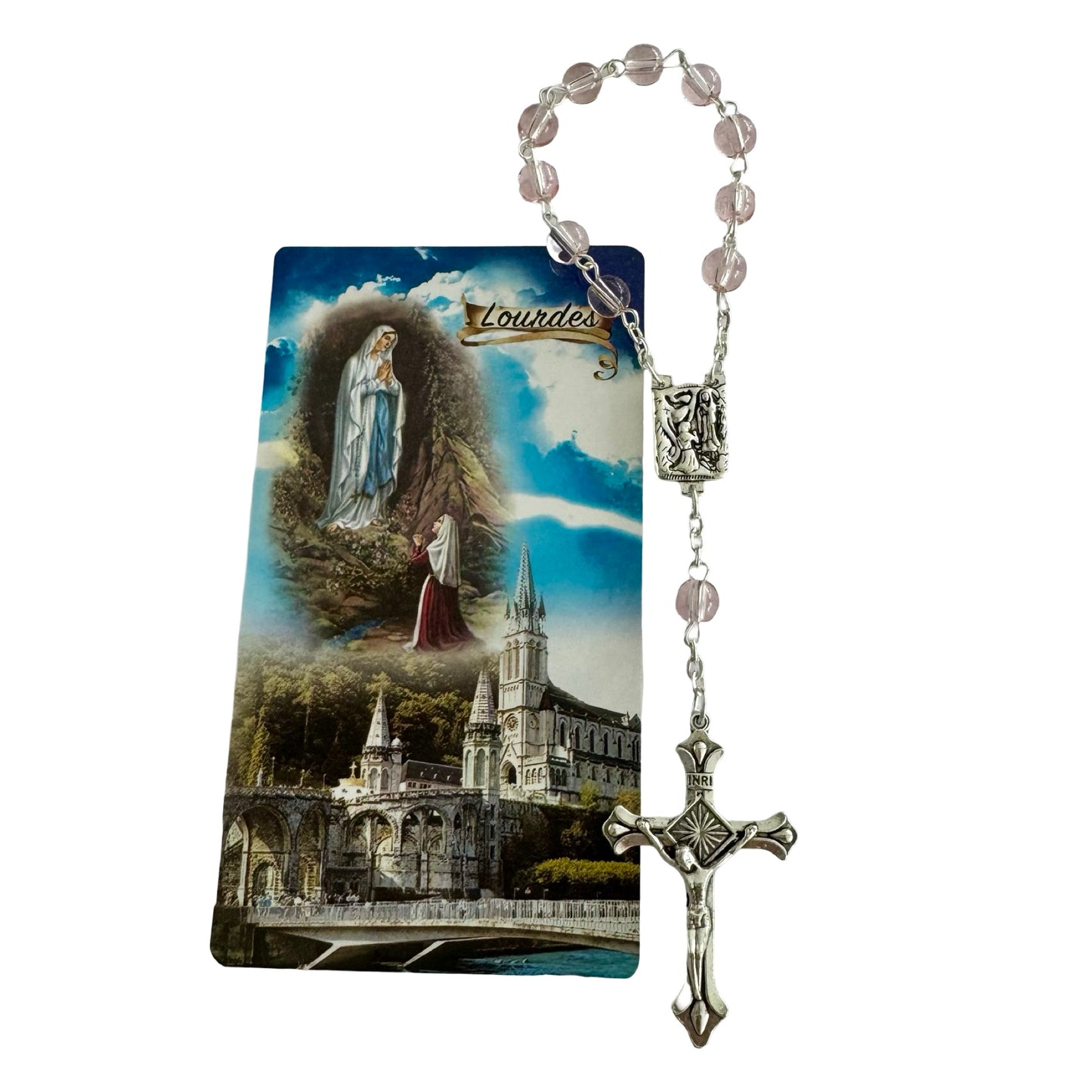 Round Crystal Lourdes Decade Rosary with Holy Card