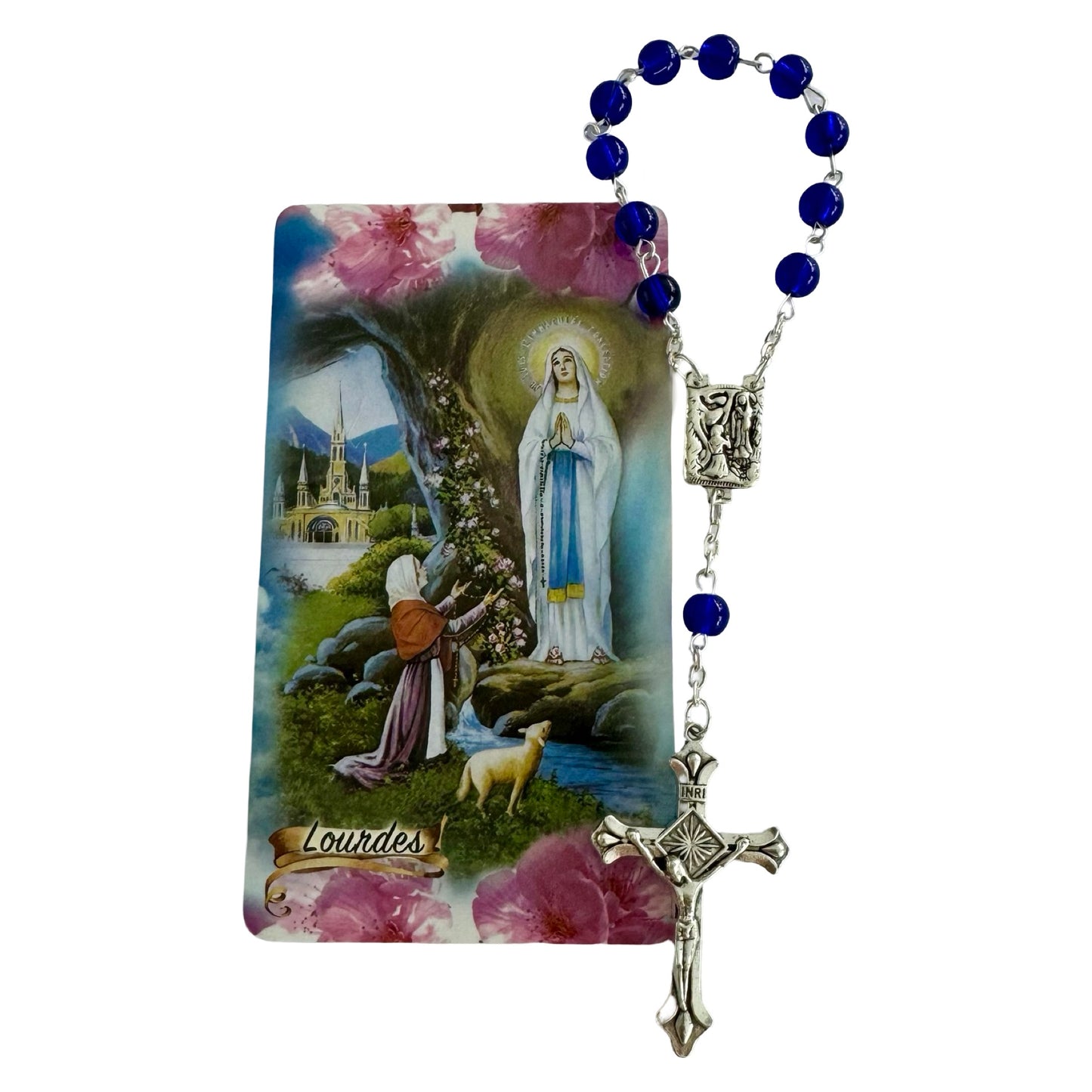 Round Crystal Lourdes Decade Rosary with Holy Card