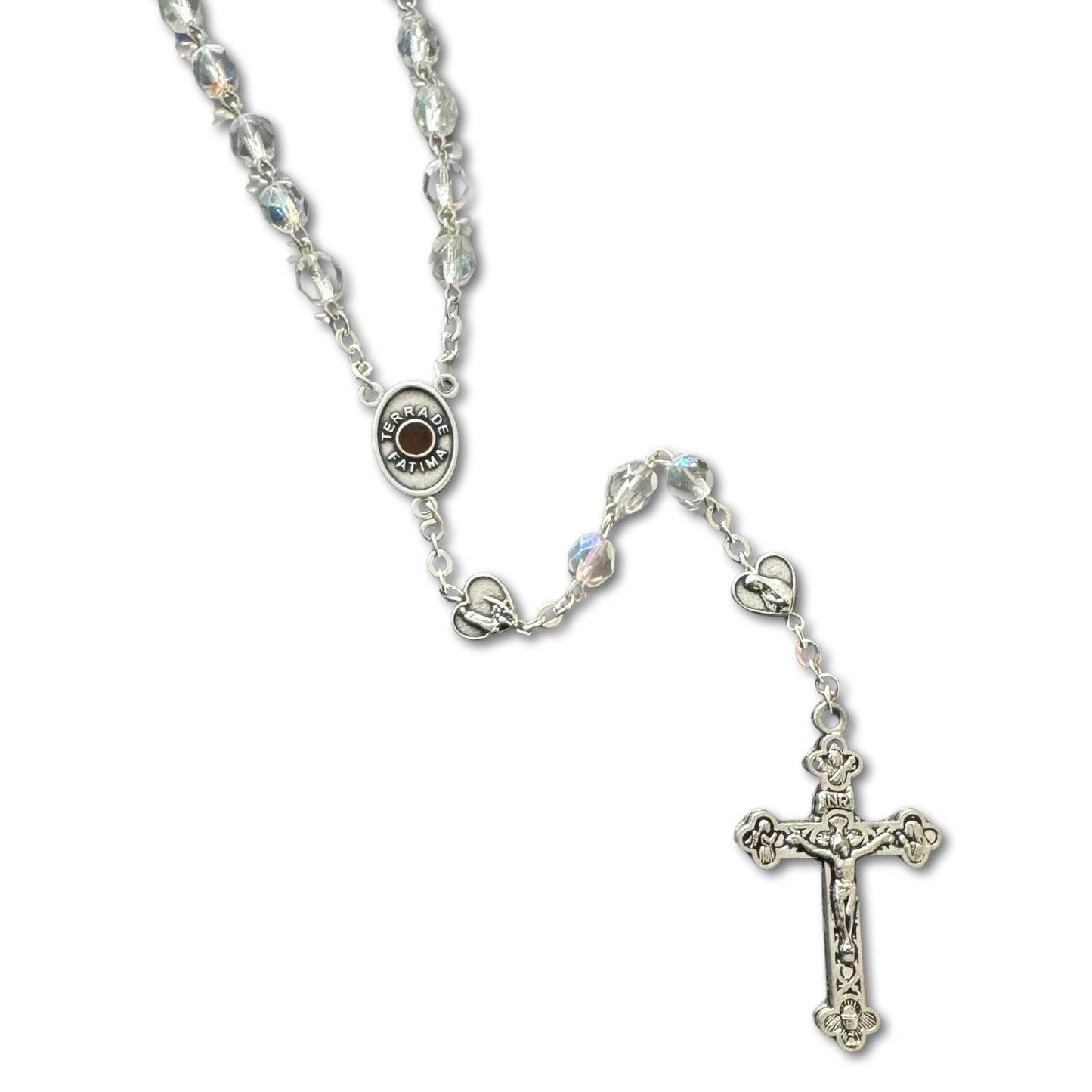 Crystal Rosary with Soil from Fatima and Heart Beads