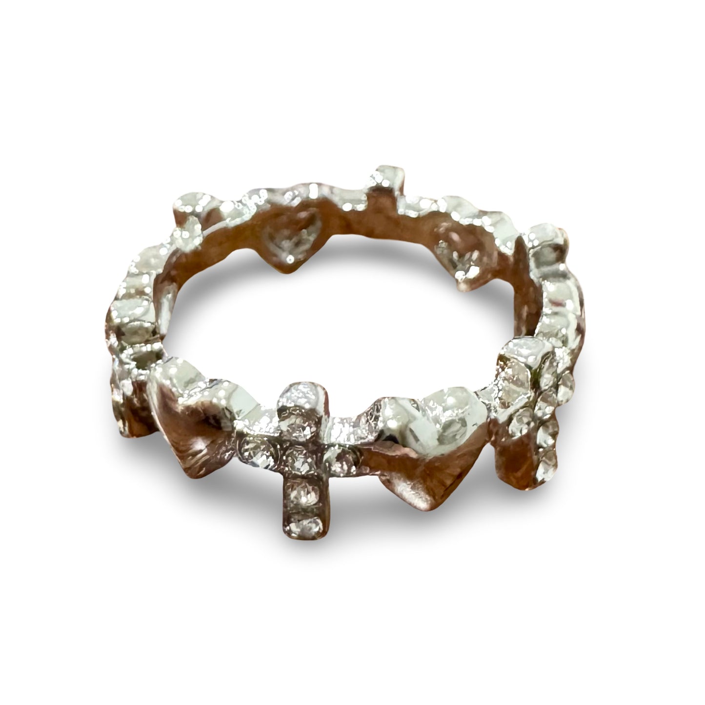 Rhinestone Embellished Heart and Cross Ring