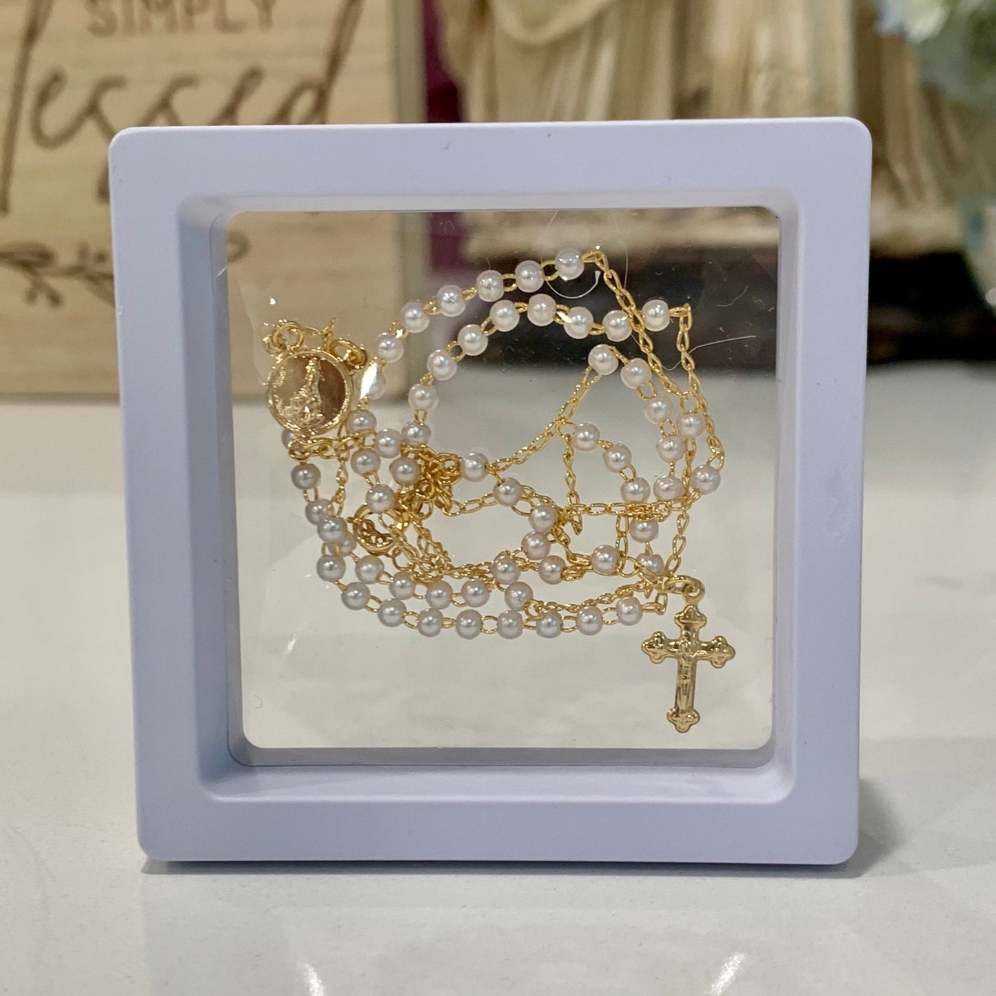 Gold and Pearl Rosary Necklace with Crystal Accent in Framed Display Case