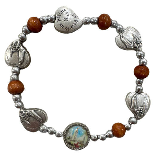 Silver and Wood Beaded Fatima Heart Bracelet