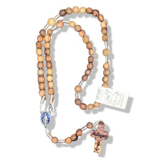 Olive Wood Rosary with Blue Miraculous Medal
