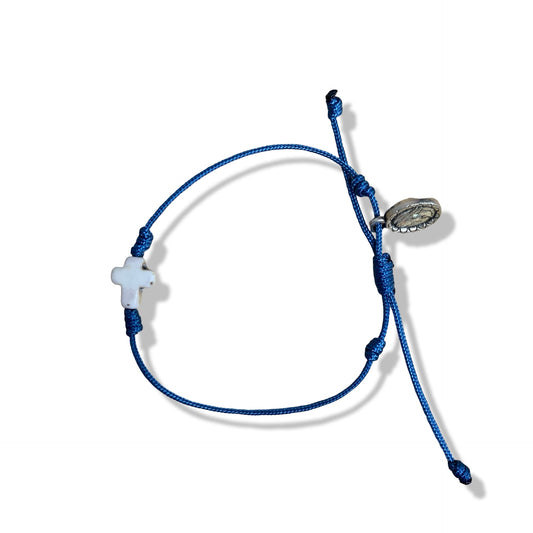 Small Stone Cross with Medal Cord Bracelet