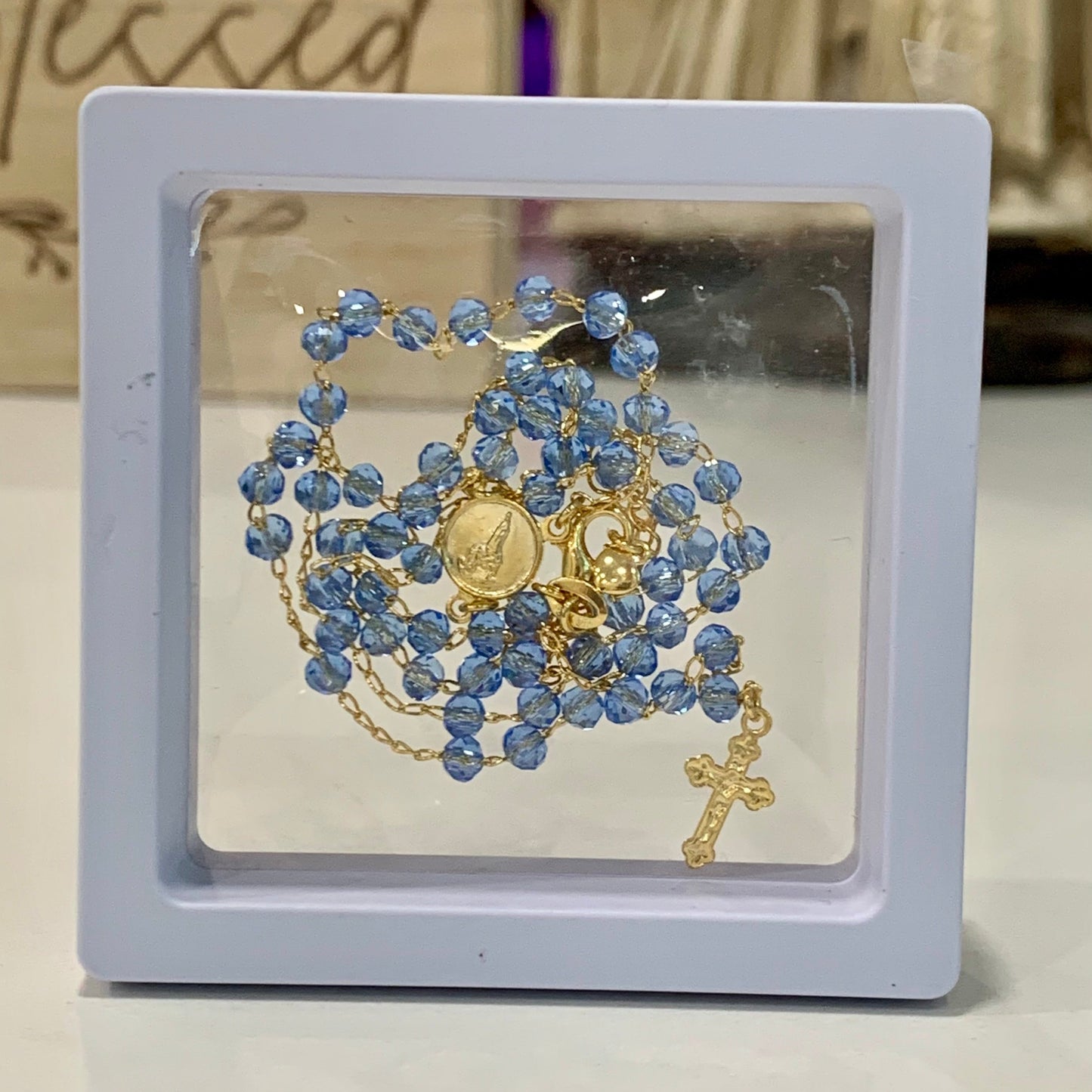 Delicate Gold and Crystal Rosary Necklace of Assorted Colors in Framed Display Case