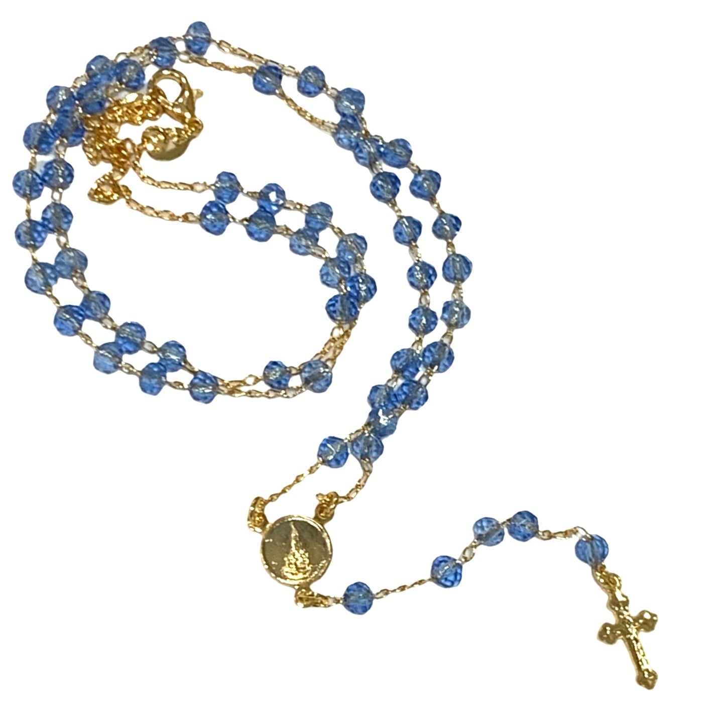 Delicate Gold and Crystal Rosary Necklace of Assorted Colors