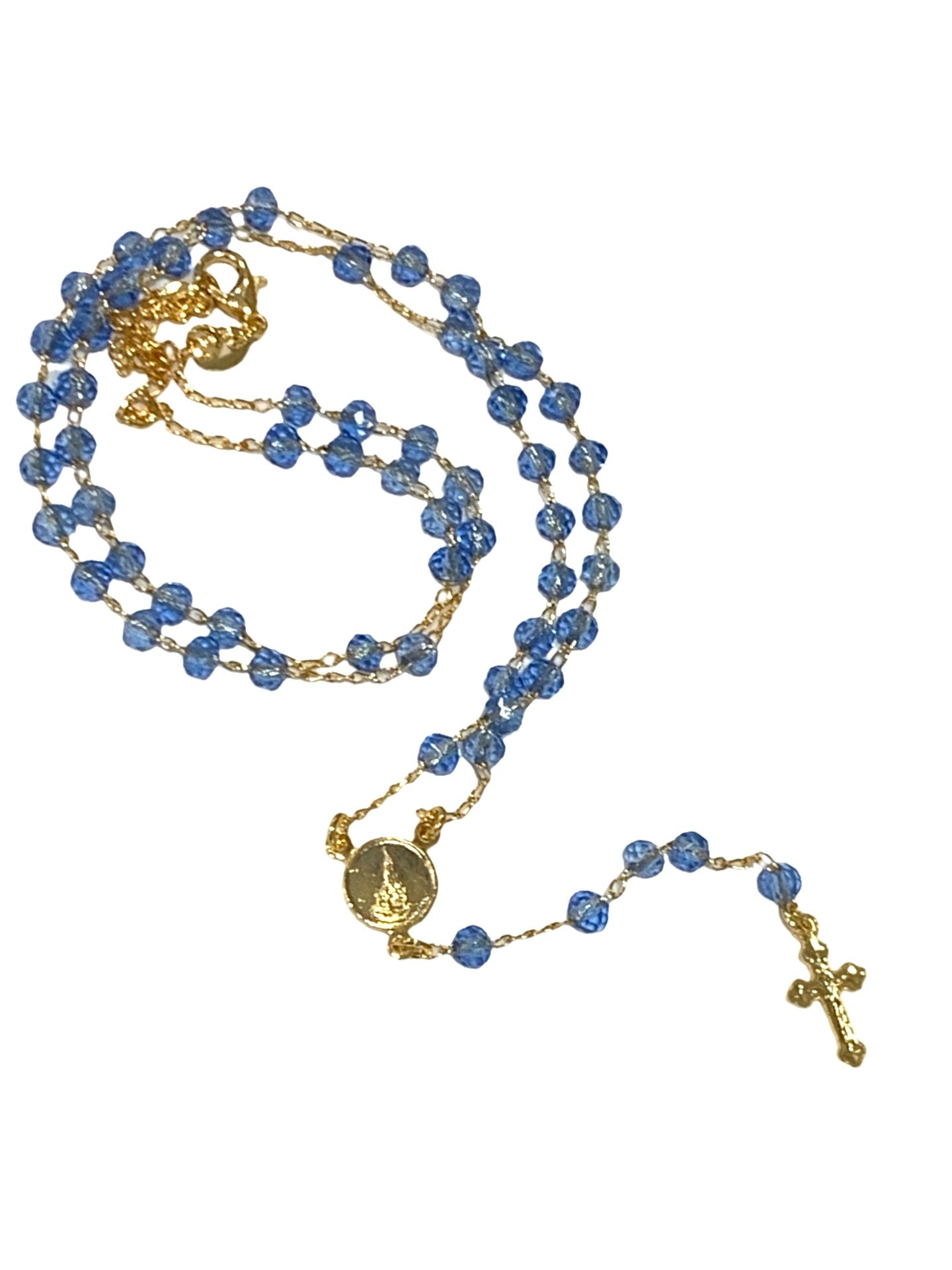 Delicate Gold and Crystal Rosary Necklace of Assorted Colors in Framed Display Case