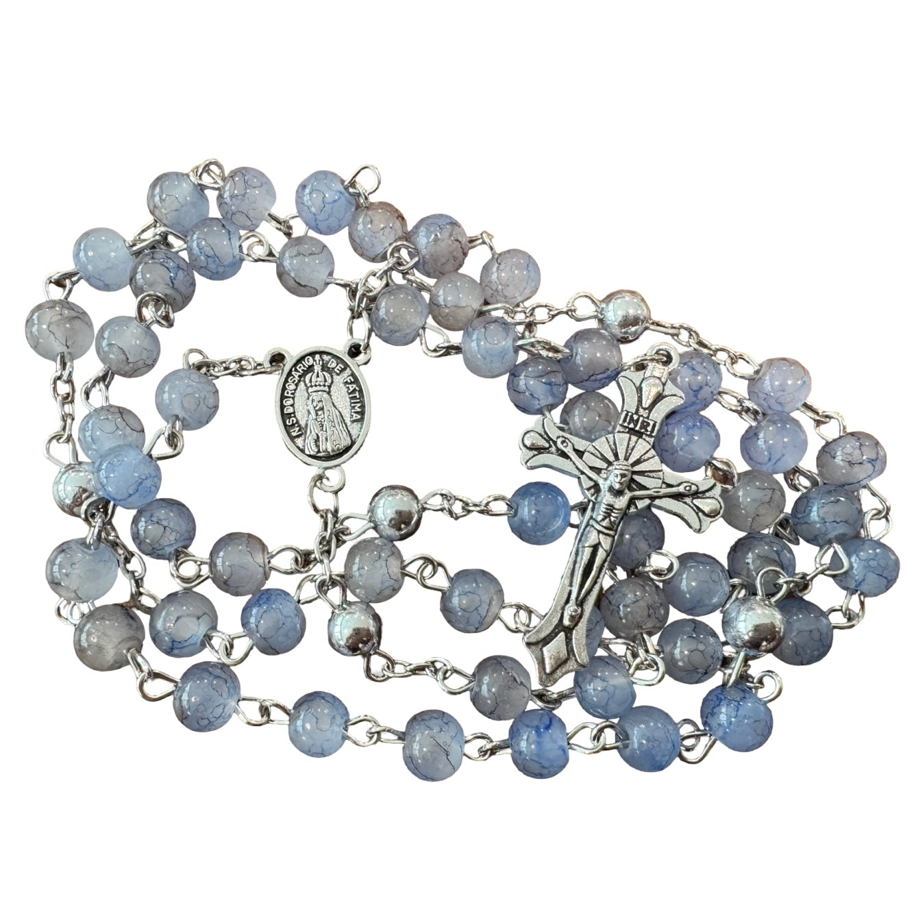 Blue Gray Fatima Rosary with Soil