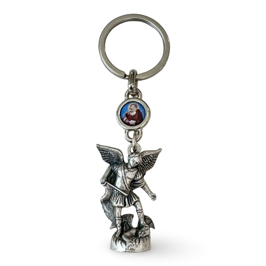 St. Michael Statue Keychain with Padre Pio Medal