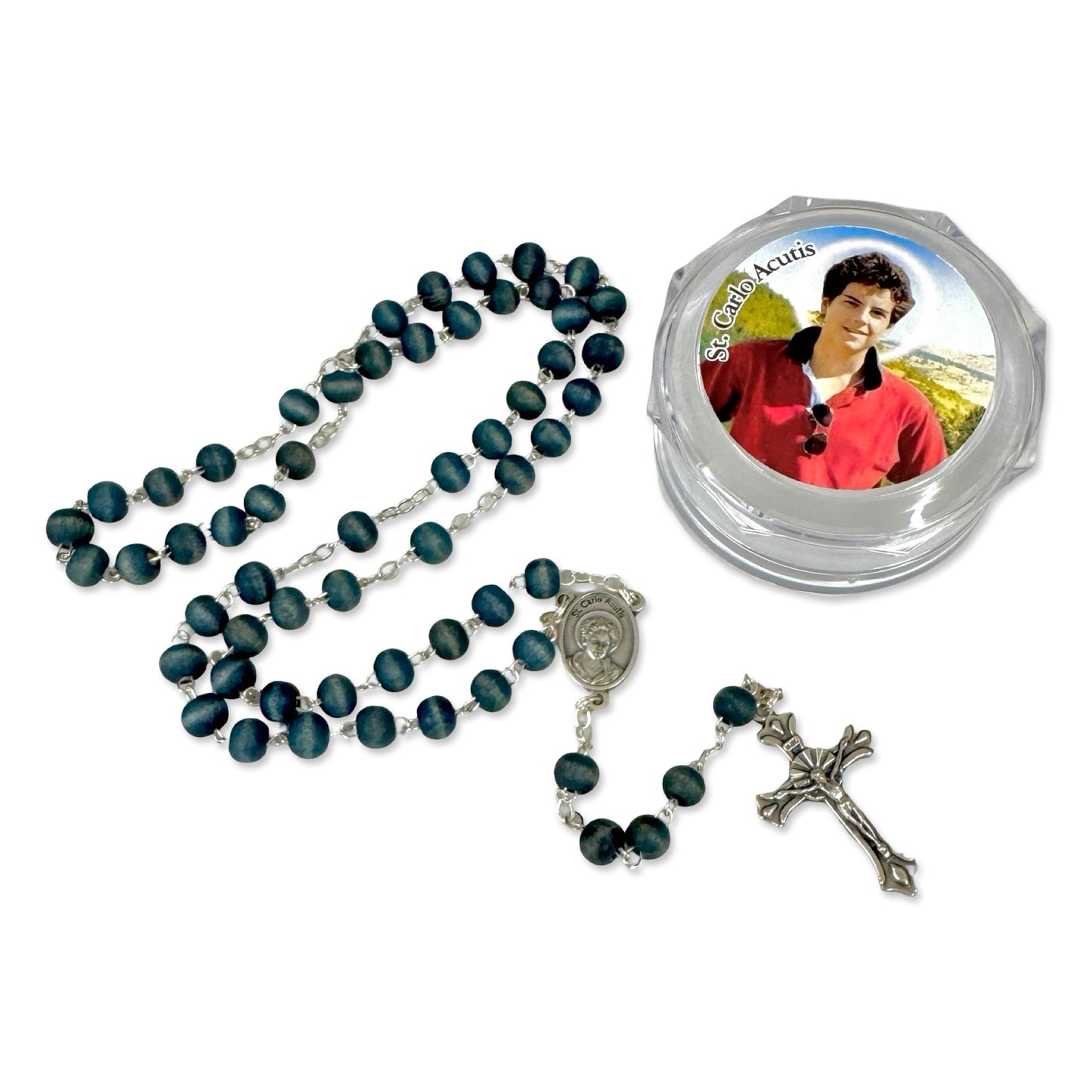 Blue Wooden St. Carlo Acutis Rosary in Plastic Case