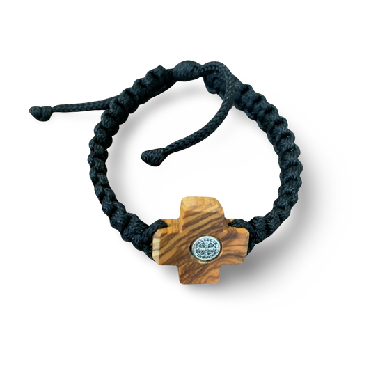 Braided Cord St. Benedict Wood Cross Masculine Bracelet