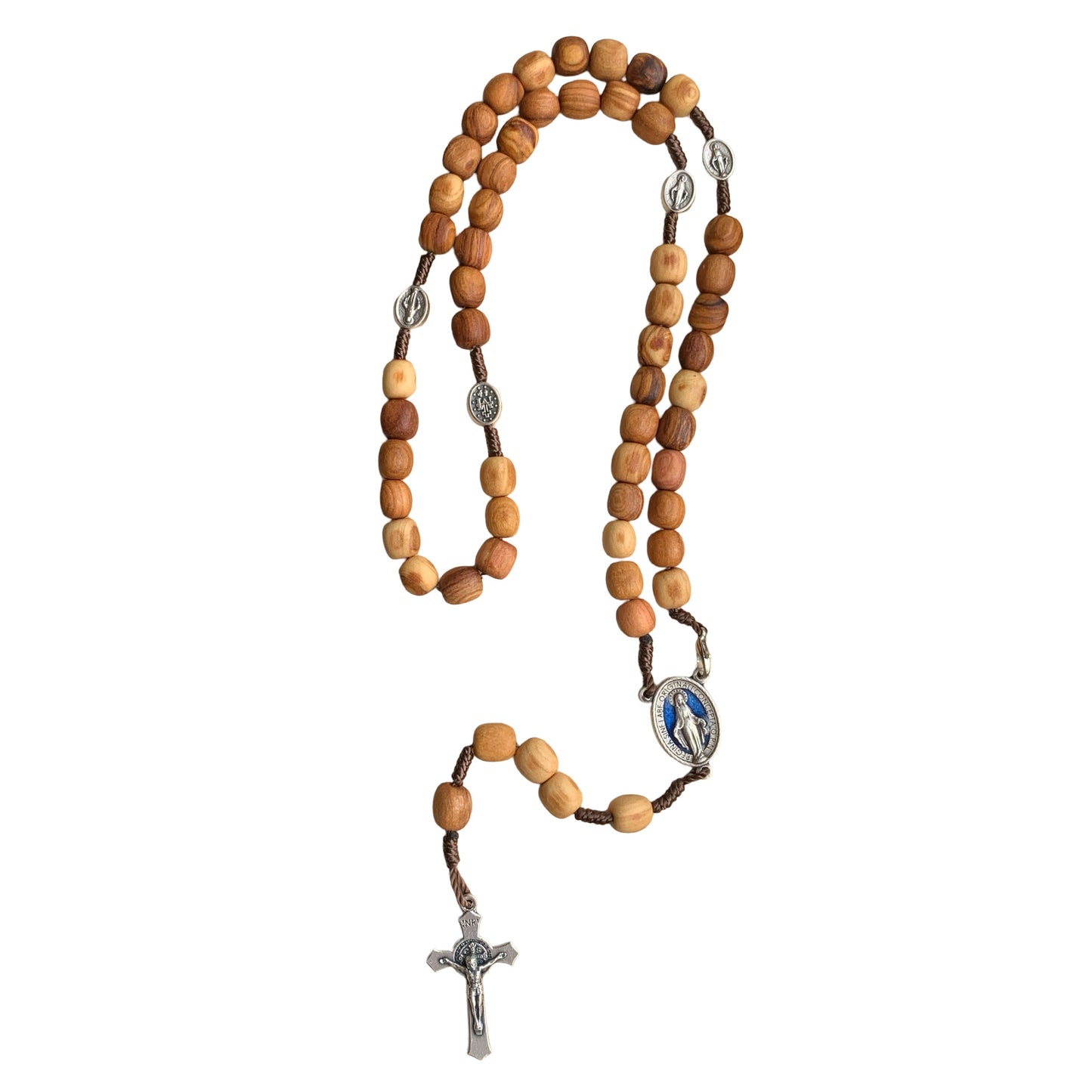 Olive Wood Rosary with Blue Miraculous Medal