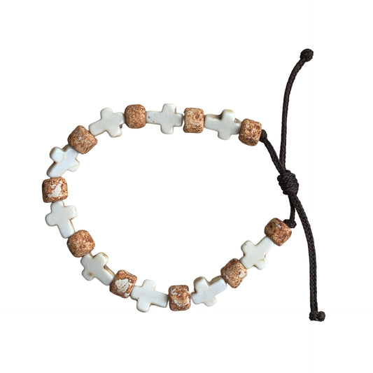 Brown Stone Decade Cord Bracelet with Stone Crosses