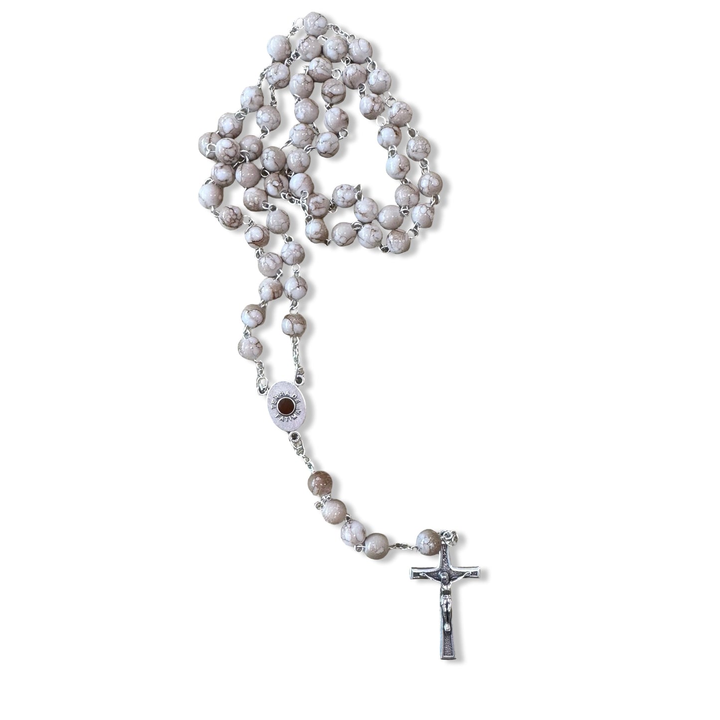 Brown Marbled Fatima Rosary with Soil