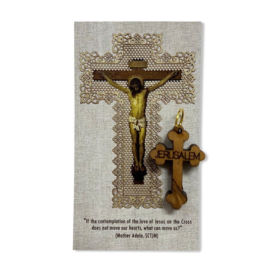 Budded Cross with Way of the Cross Holy Card touched to the Place of the Crucifixion