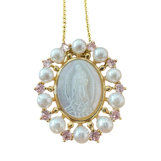 Our Lady of Guadalupe Necklace - Oval Mother of Pearl with Pink and Pearl Border