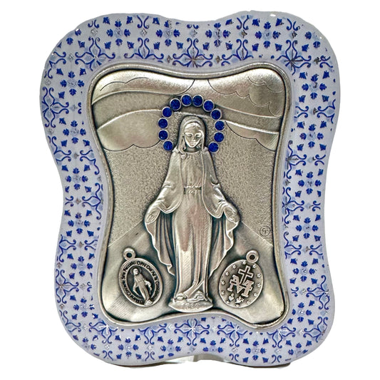 Our Lady of the Miraculous Medal Silver Image with Patterned, Blue Border