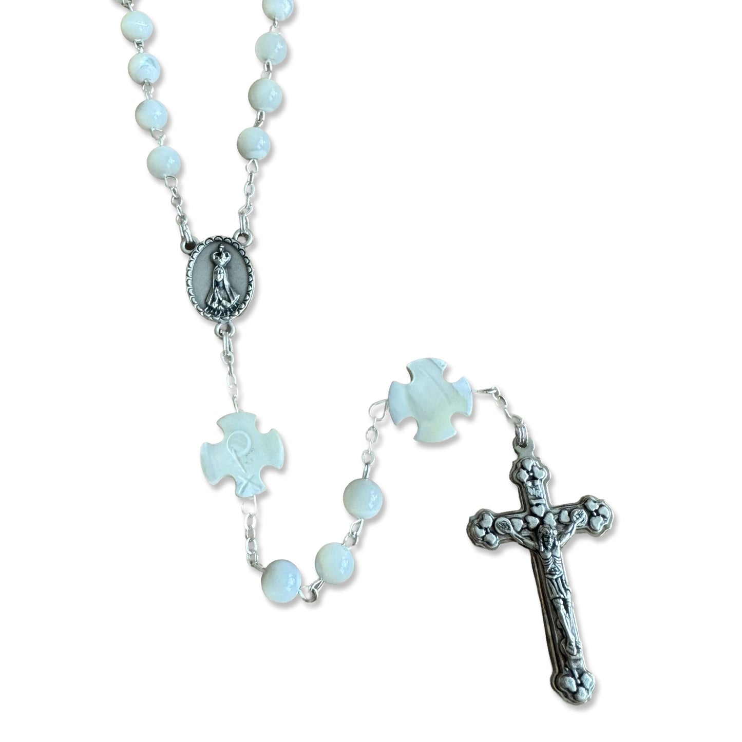 Cross Shaped Mother of Pearl Fatima Rosary with Heart Embellished Crucifix