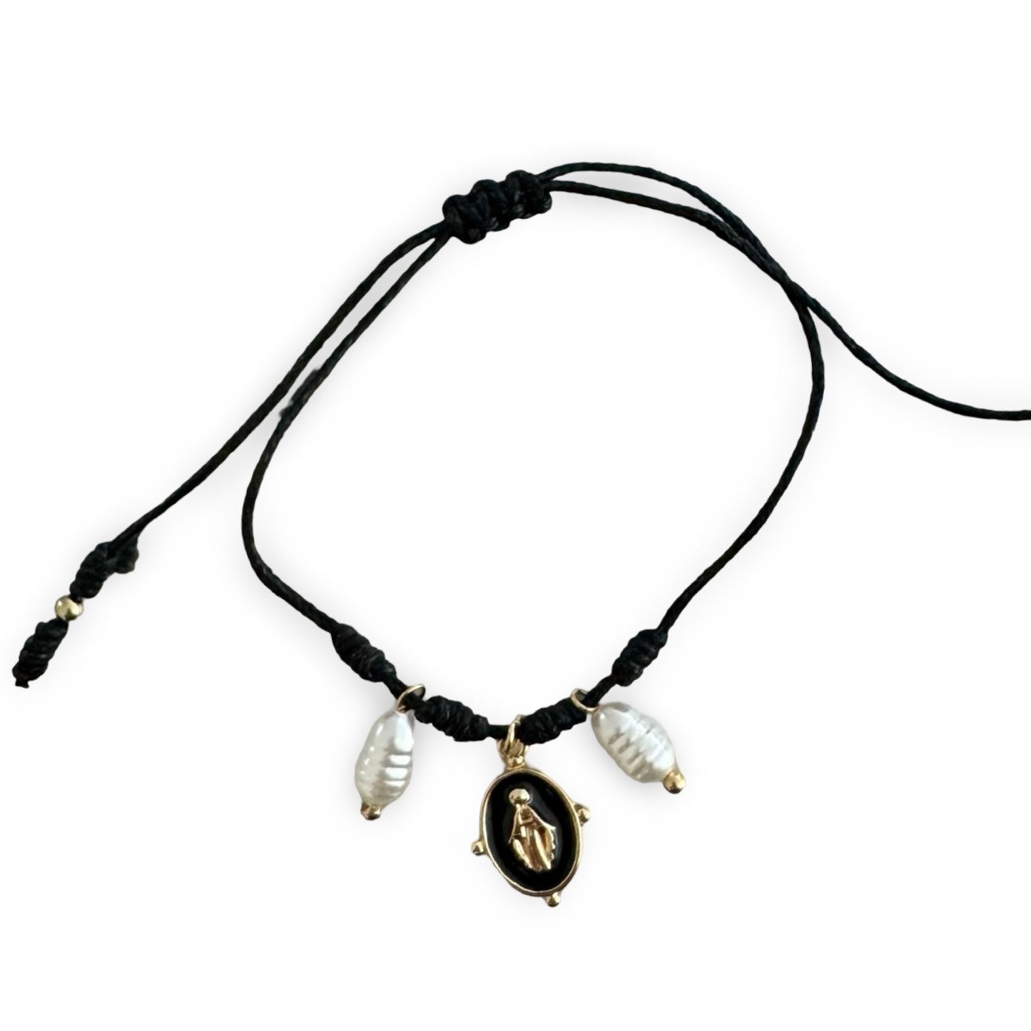 Adjustable Black String Bracelet with a Miraculous Medal and Pear Accents