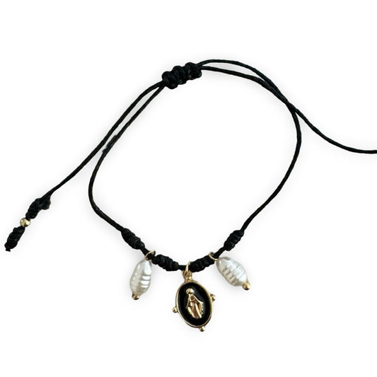 Adjustable Black String Bracelet with a Miraculous Medal and Pear Accents