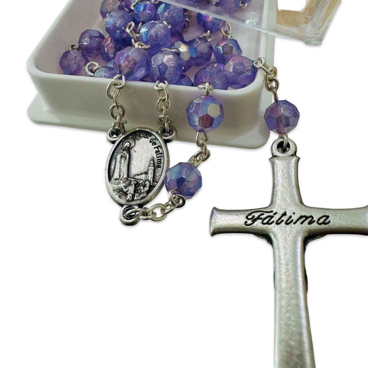 Purple Iridescent Crystal Fatima Rosary with Soil