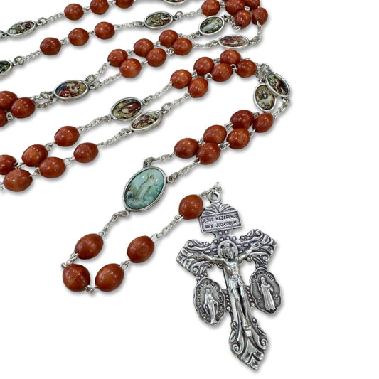 Brown Beaded Stations of the Cross Chaplet with Colored Medals and Pardon Crucifix