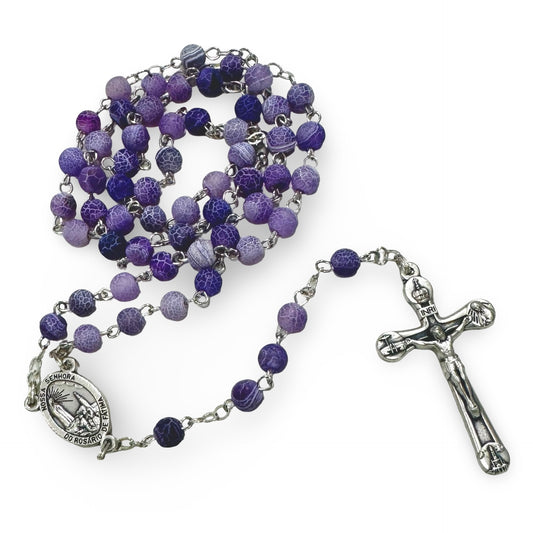 Purple Fatima Rosary with Frosted Crackle Beads